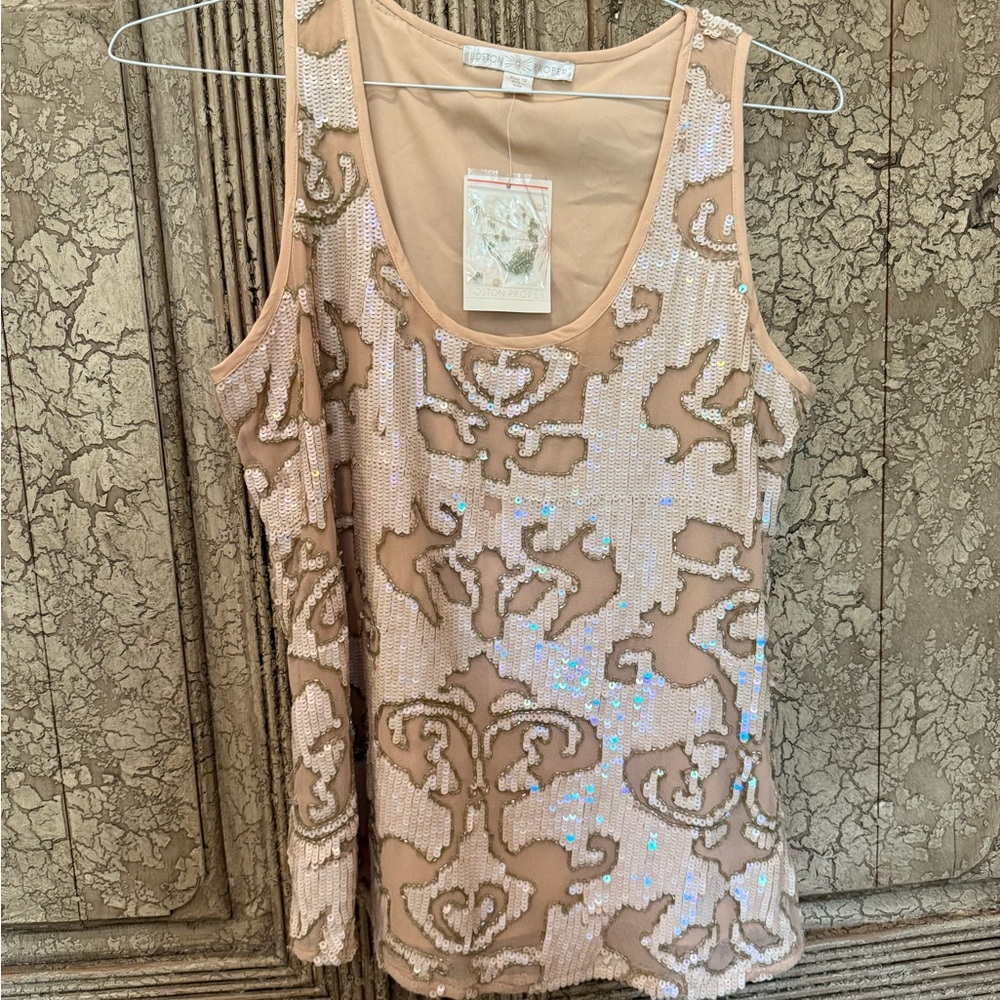 Boston Proper Sequin Embellished Tan Top